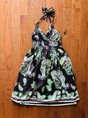 Energie Brown Halter Dress with Green Paisley